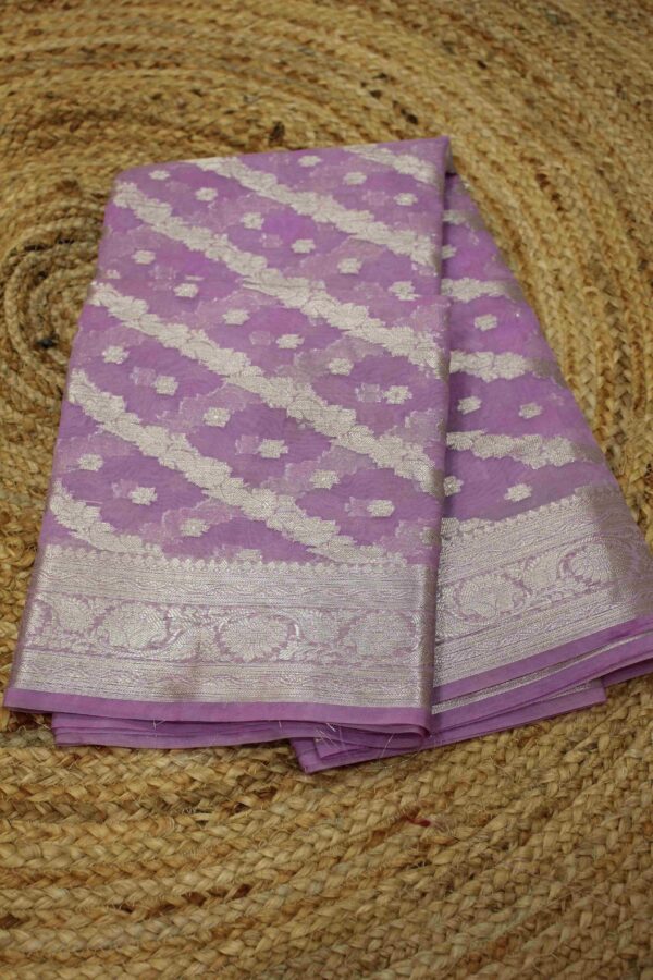 Zari Floral Diagonal Stripes with Buttas Organza Saree - Image 3