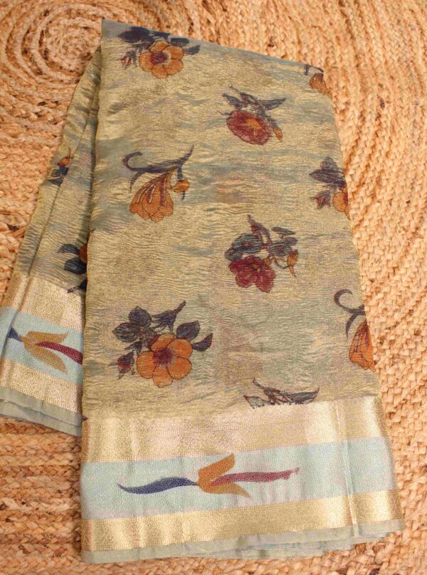 Floral Printed and Zari Border Crushed Tissue Saree