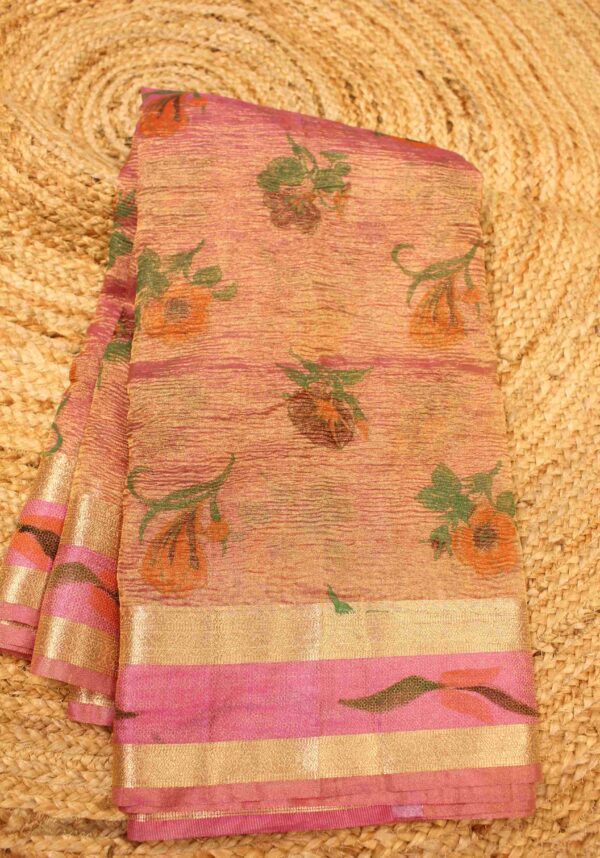 Floral Printed and Zari Border Crushed Tissue Saree - Image 2
