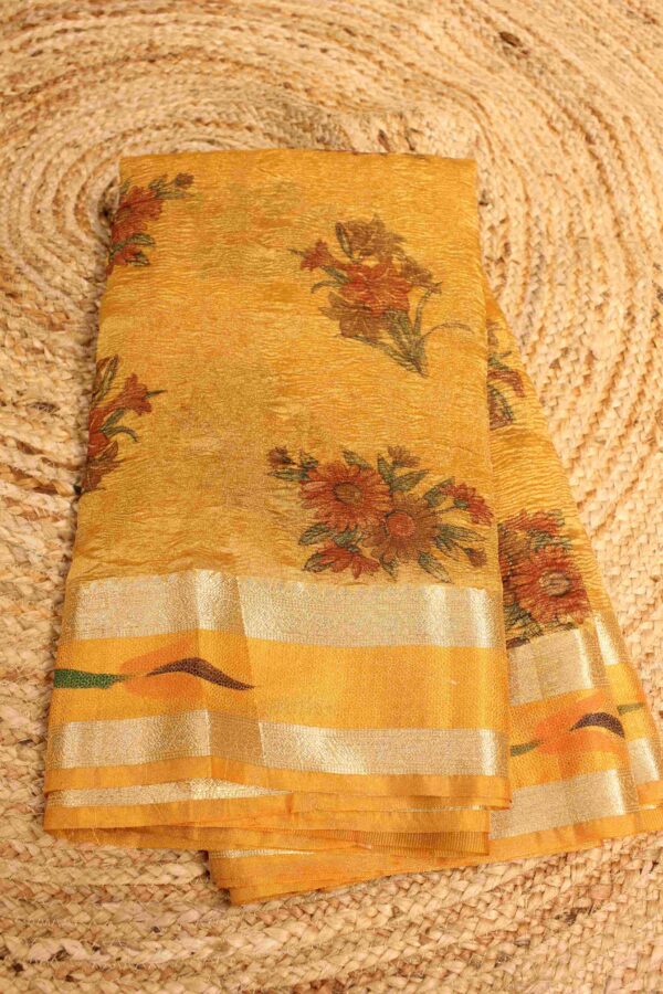 Floral Printed and Zari Border Crushed Tissue Saree - Image 3