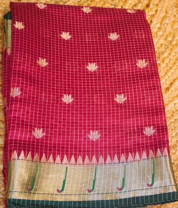 Rani Pink & Green with Zari Lotus Motifs with Small Checks Organza Saree