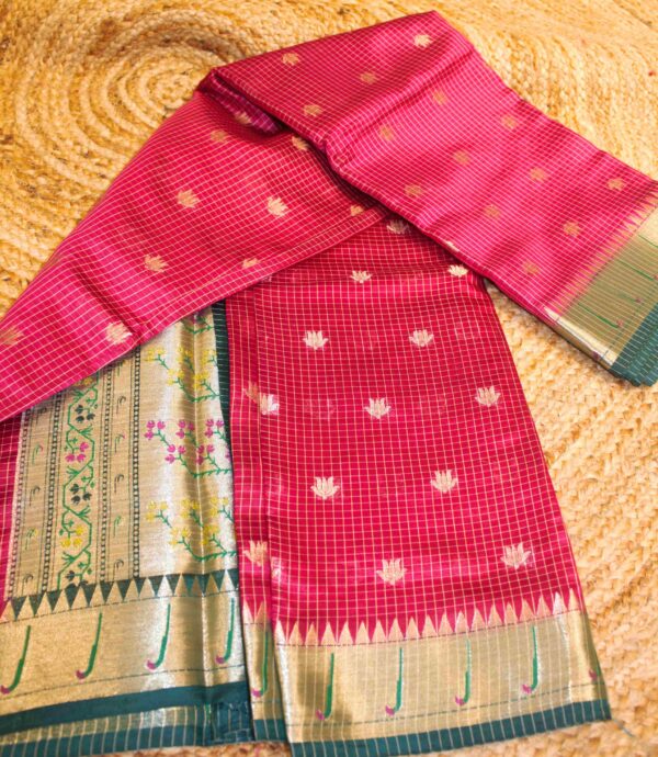 Rani Pink & Green with Zari Lotus Motifs with Small Checks Organza Saree - Image 2