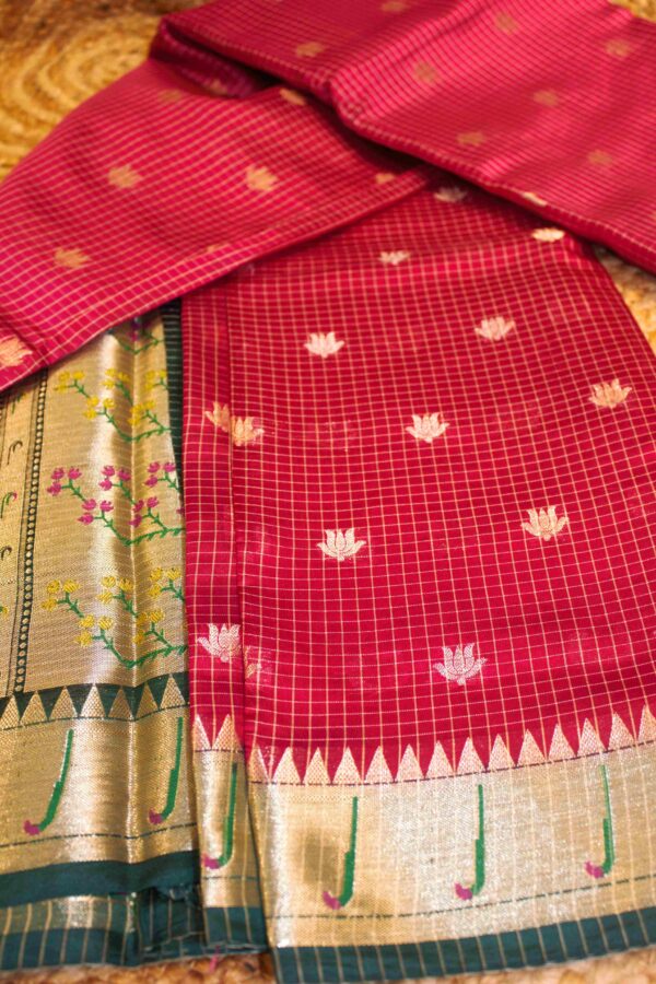Rani Pink & Green with Zari Lotus Motifs with Small Checks Organza Saree - Image 3