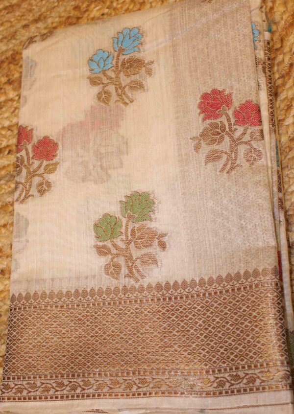 Floral Meenakari Motifs with Antique Zari Border Pure Tussar Saree - Image 2