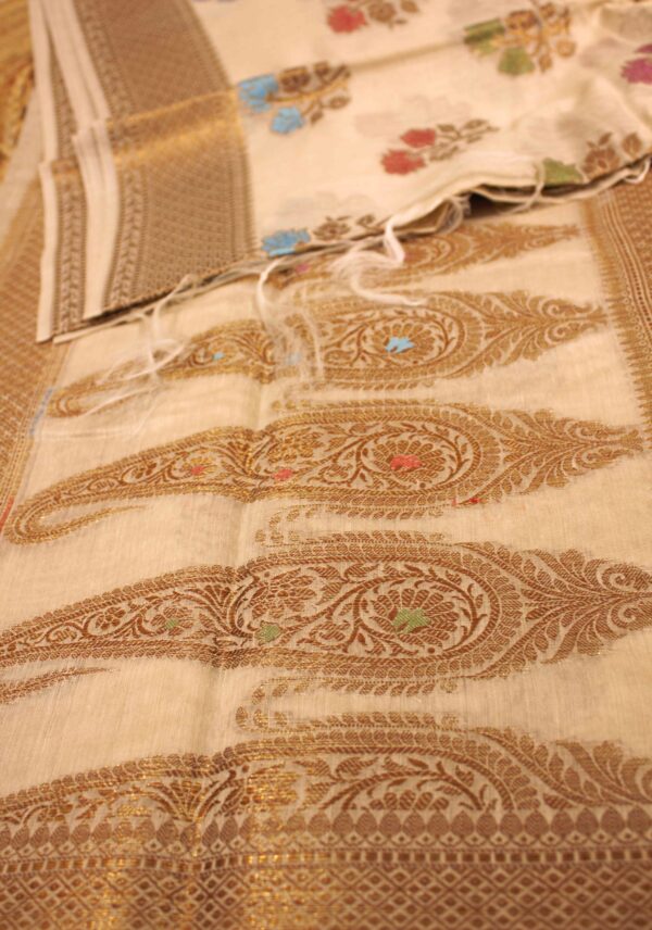 Floral Meenakari Motifs with Antique Zari Border Pure Tussar Saree - Image 3