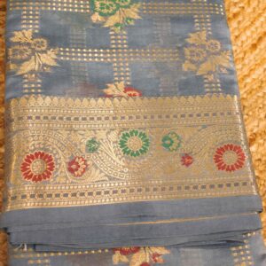 Powder Blue Floral Zari Motifs with Meenakari & Checks Pure Tussar Saree