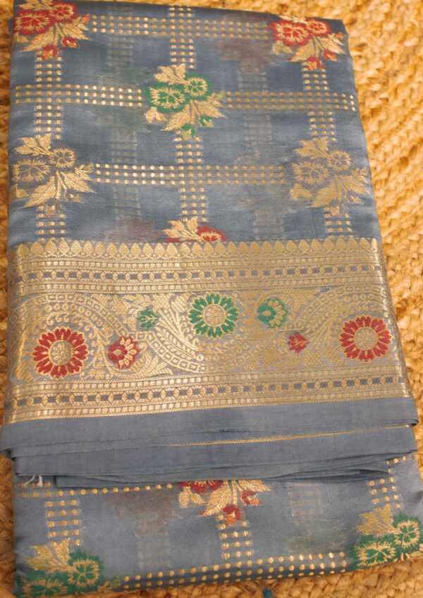 Powder Blue Floral Zari Motifs with Meenakari & Checks Pure Tussar Saree