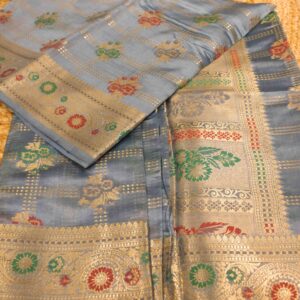 Alternative view of Powder Blue Floral Zari Motifs with Meenakari & Checks Pure Tussar Saree