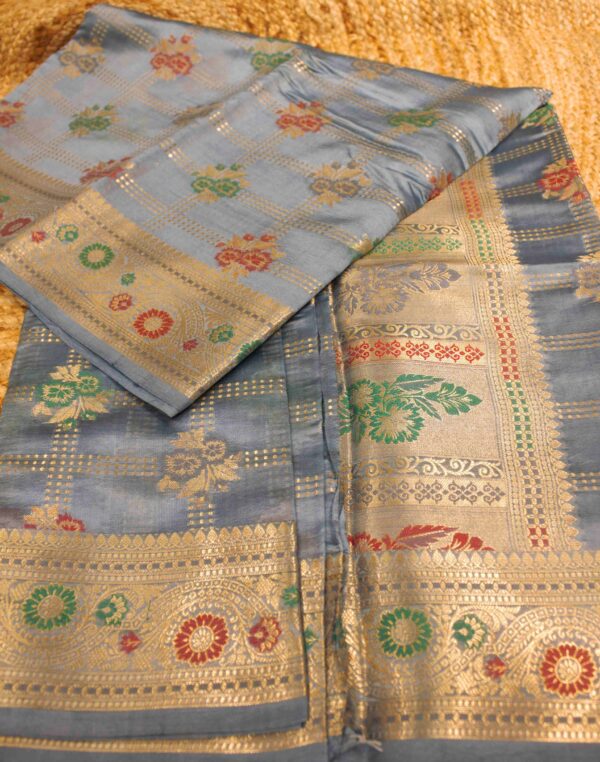 Powder Blue Floral Zari Motifs with Meenakari & Checks Pure Tussar Saree - Image 2