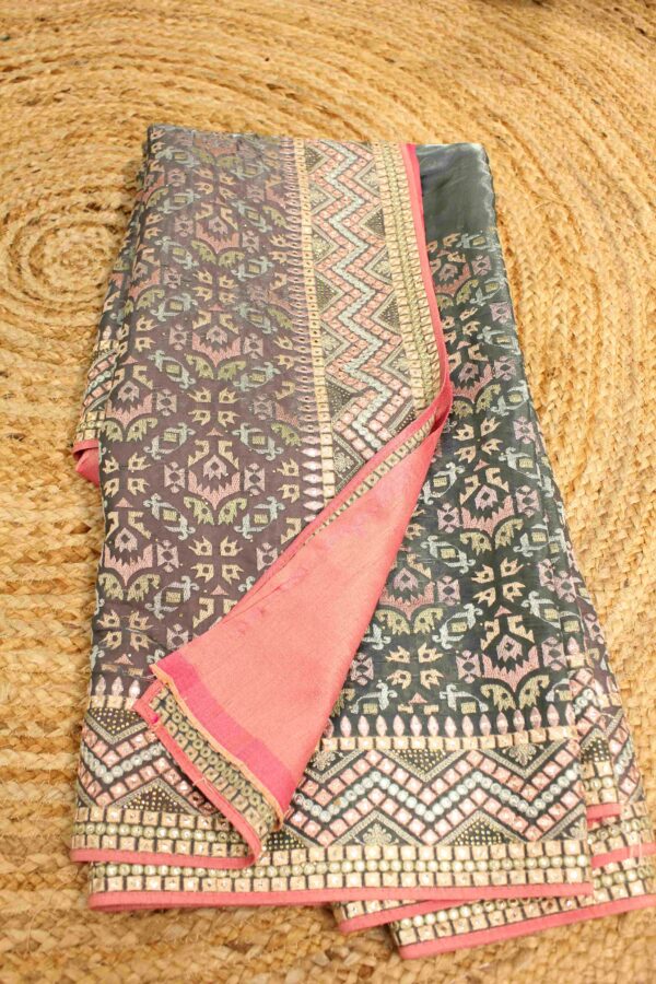 Grey with Multicolour Thread work Designer Saree