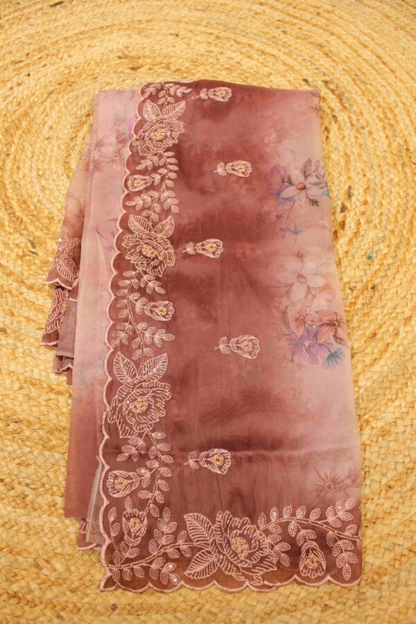 Organza Floral Printed & Thread Work Designer Saree