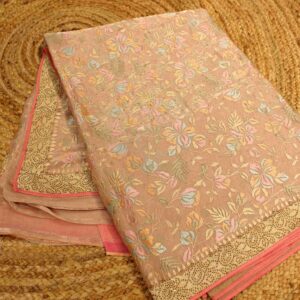 Beige Thread Embroidery Jaal Work with Zircon Designer Saree