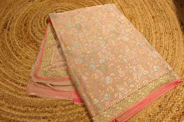Beige Thread Embroidery Jaal Work with Zircon Designer Saree