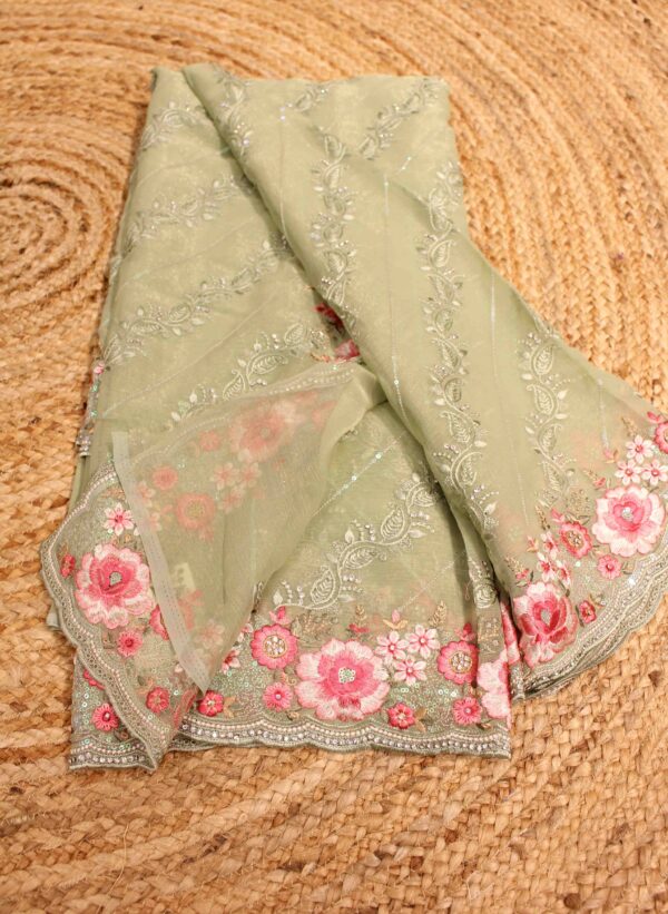 Embroidery Border wirth Diagonal Thread Work Designer Saree - Image 2