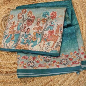 Rama Green Kalamkari Print with Aari work Saree