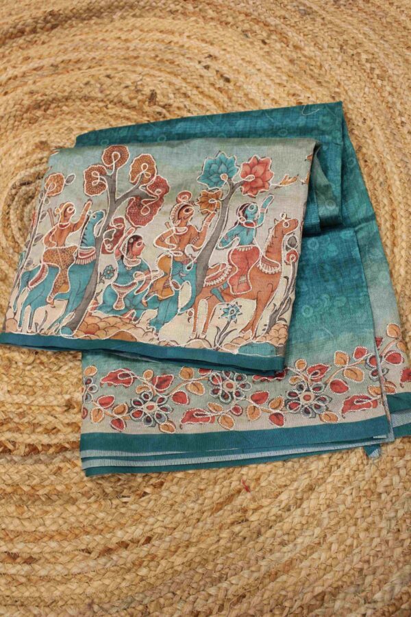 Rama Green Kalamkari Print with Aari work Saree