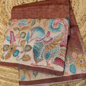 Brown Kalamkari Print with Aari work Saree