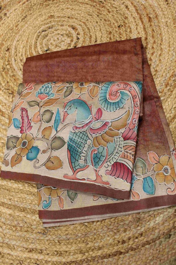 Brown Kalamkari Print with Aari work Saree