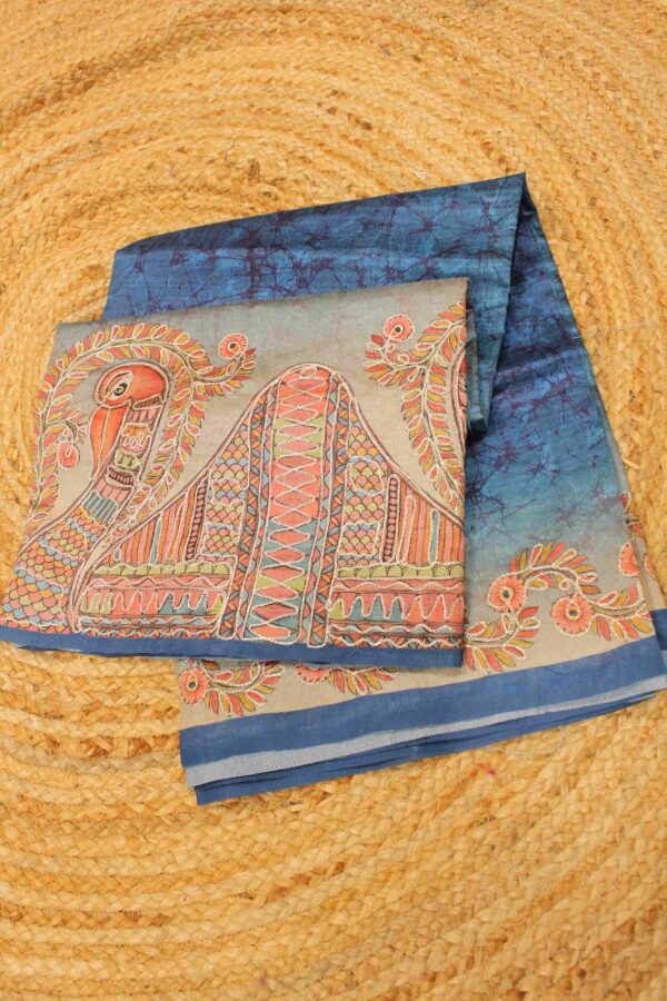 Blue Kalamkari Print with Aari work Saree
