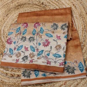 Orange Kalamkari Print with Aari work Saree