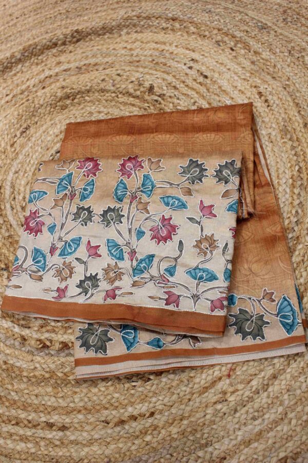 Orange Kalamkari Print with Aari work Saree