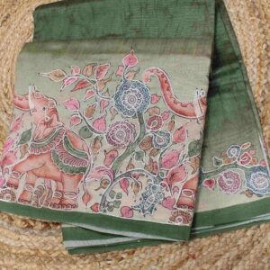 Green Kalamkari Print with Aari work Saree