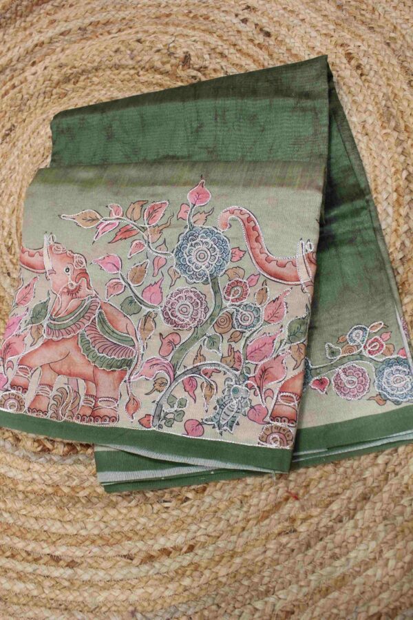 Green Kalamkari Print with Aari work Saree