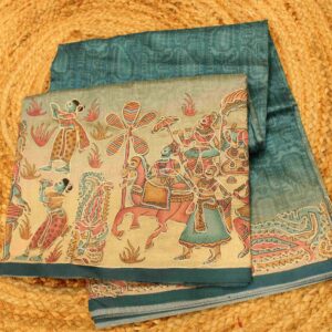 Ananda Blue Kalamkari Print with Aari work Saree