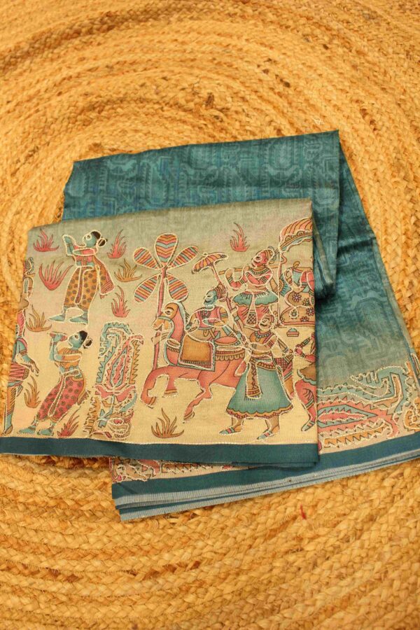 Ananda Blue Kalamkari Print with Aari work Saree