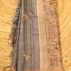 Checks & Hand Embroidery Pallu Semi Tussar Saree