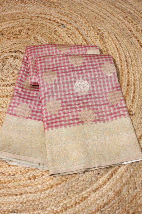 Pink & Chickoo Small Checks with Zari Buttas Semi Silk Saree