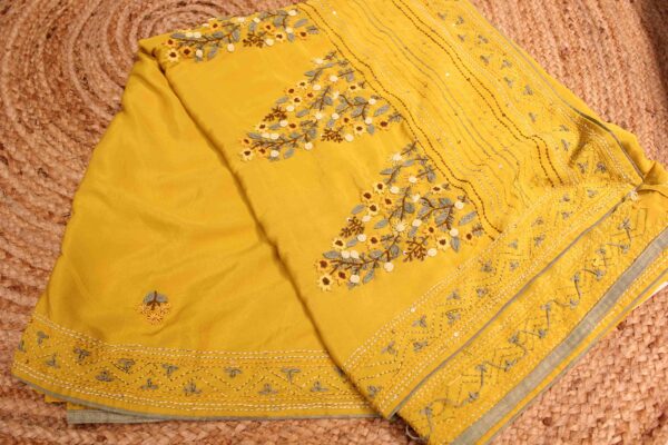 Hand Embroidery & Kantha work with Sequence Satin Crepe Saree