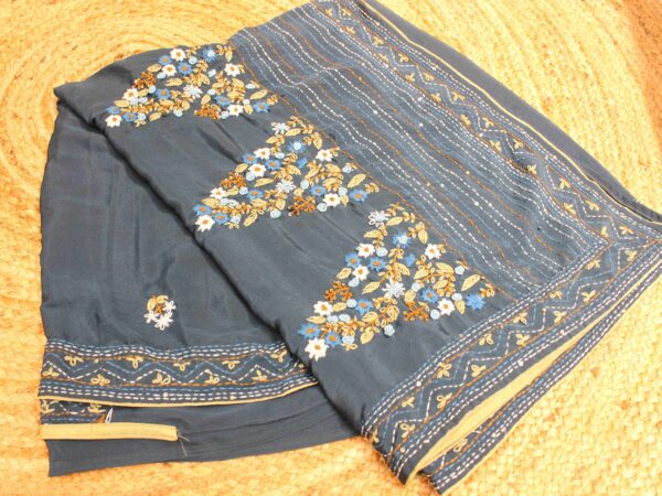 Hand Embroidery & Kantha work with Sequence Satin Crepe Saree - Image 2