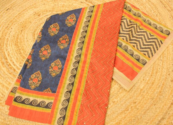 Digital Print with Kantha work Sequence Tussar Saree - Image 3