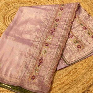 Vertical Kantha work Crush Organza Saree