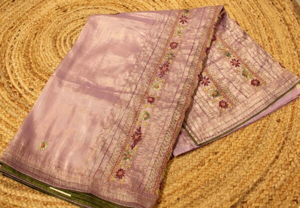 Vertical Kantha work Crush Organza Saree
