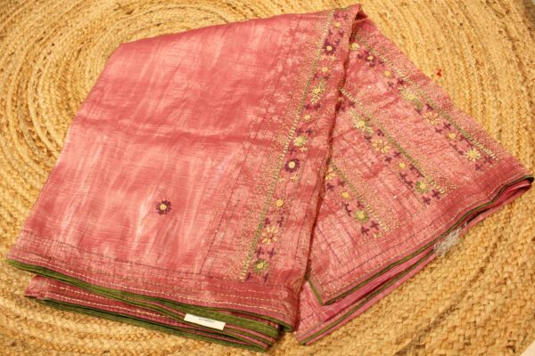 Vertical Kantha work Crush Organza Saree - Image 2