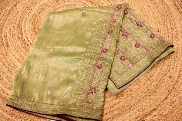 Vertical Kantha work Crush Organza Saree - Image 3