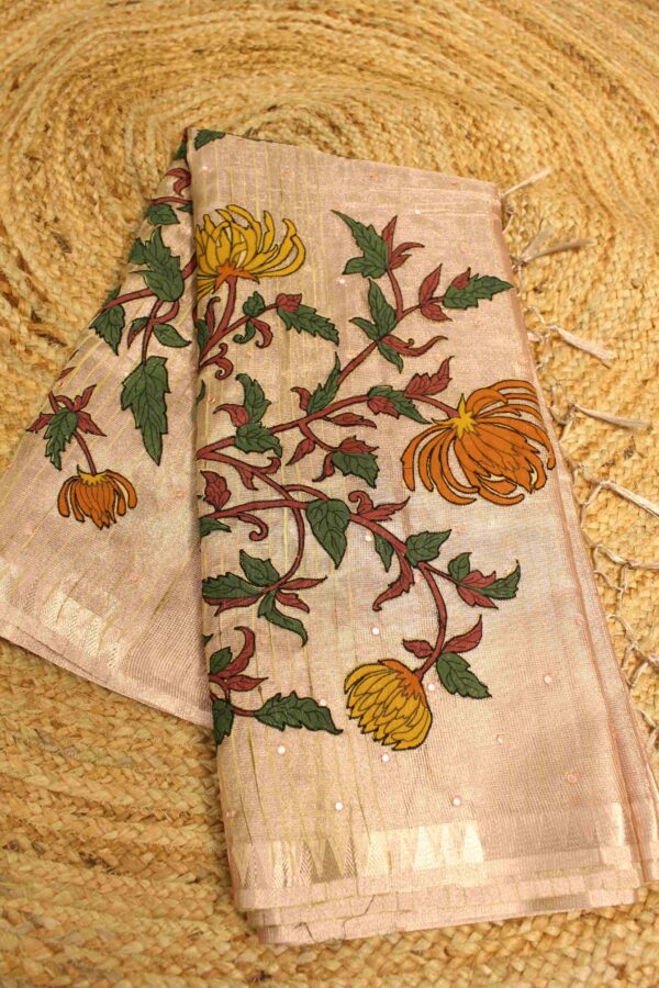 Peach Floral Jaal Patch work & Mirror work Tissue Saree