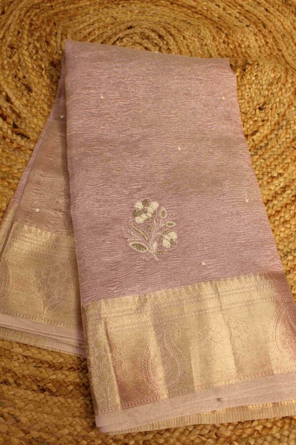 Pearl Floral Motifs Crushed Tissue Saree - Image 2