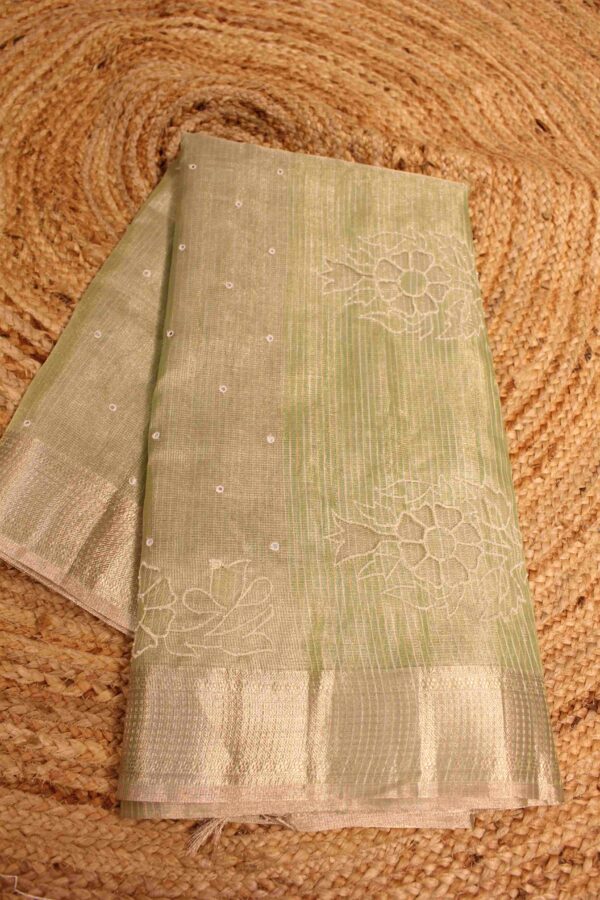 Mirror & Floral cut work Tissue Saree