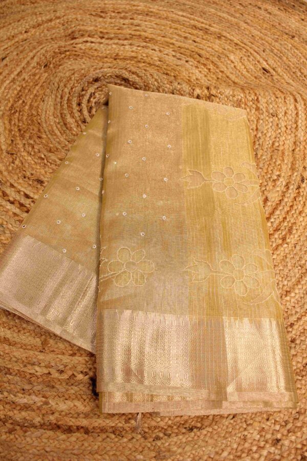 Mirror & Floral cut work Tissue Saree - Image 2