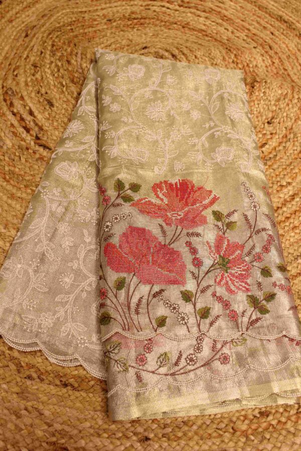 Golden Chikankari & Cross Stich Tissue Saree