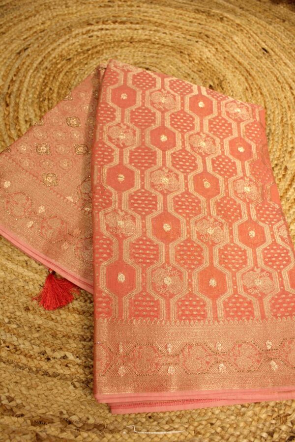 Geometrical Zari weaving with Zircon work Saree - Image 3
