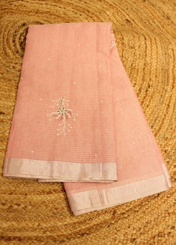 Checks Pearl work Tissue Saree - Image 2
