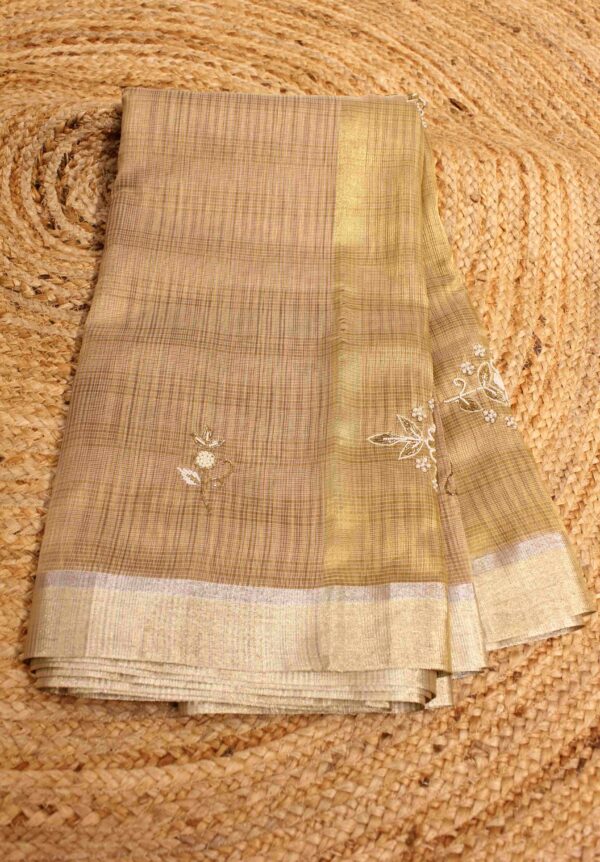 Pearl work Checks Cotton Tissue Saree - Image 2