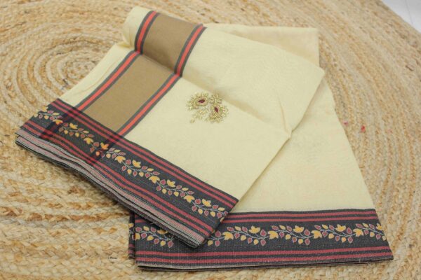 Beige & Black Beads work Cotton Saree