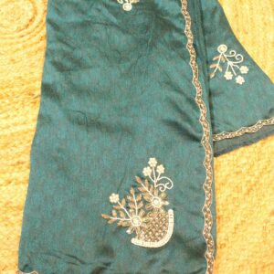 Peacock Blue Self Embossed Pearl work Crepe Saree