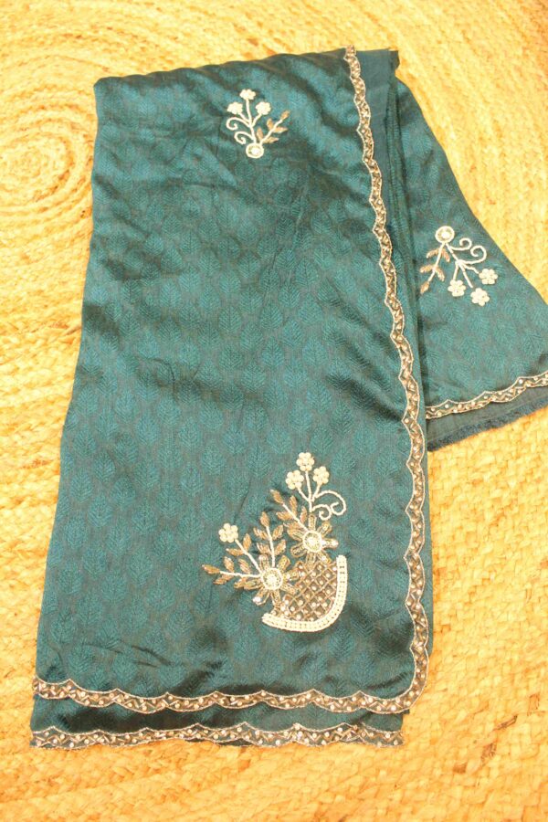 Peacock Blue Self Embossed Pearl work Crepe Saree