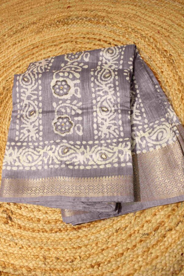 Grey Batik Print cut dana work Saree